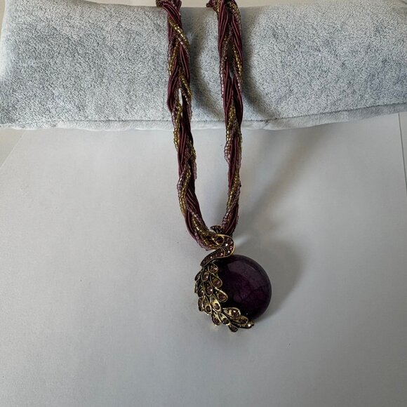 Purple Gold Tone Rhinestone Peacock Pendant Necklace Bohemian Statement Jewelry - Picture 4 of 7